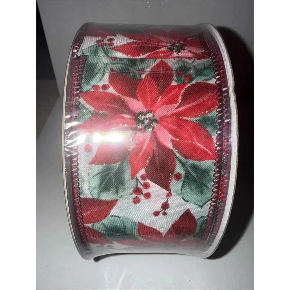 Holiday Poinsettia Wired-Edge Ribbon - Red and Green